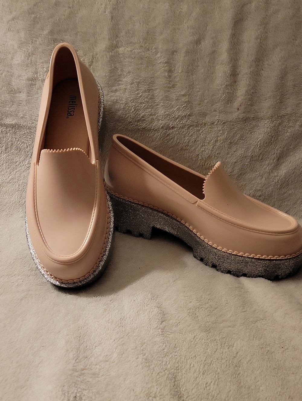 Melissa Blush And Silver Glitter Platform Royal Loafers Size 7